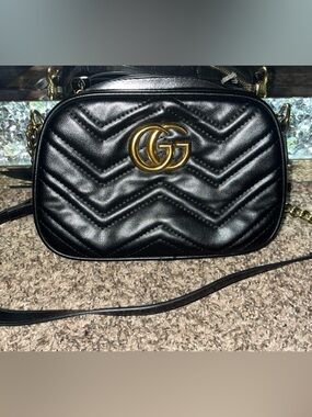 Gucci Black Chevron Quilted Leather Crossbody with Gold Double G